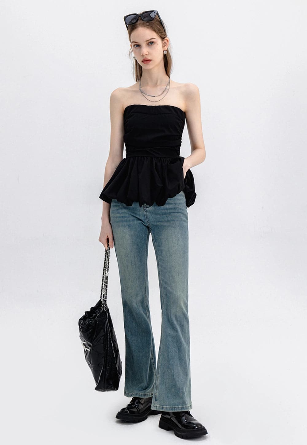 トップス andwang off shoulder bijou tops Chic Off-Shoulder Bandeau Top with Gathered Hem – EGGKA