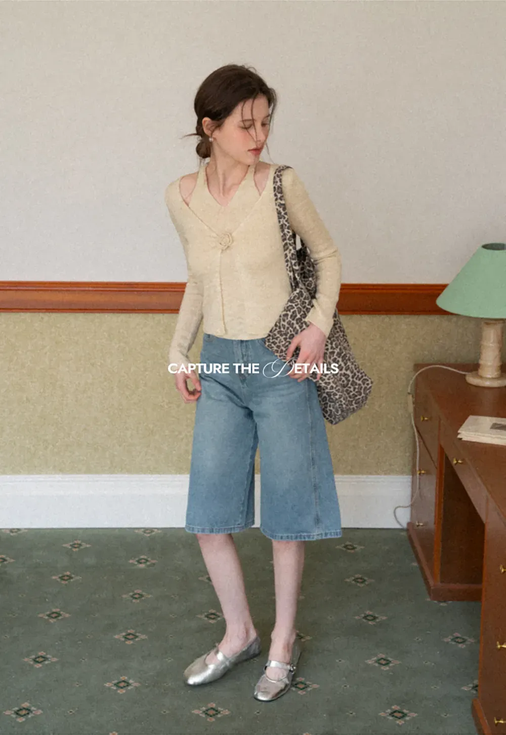 V Neck Knit Sweater with Floral Button Detail