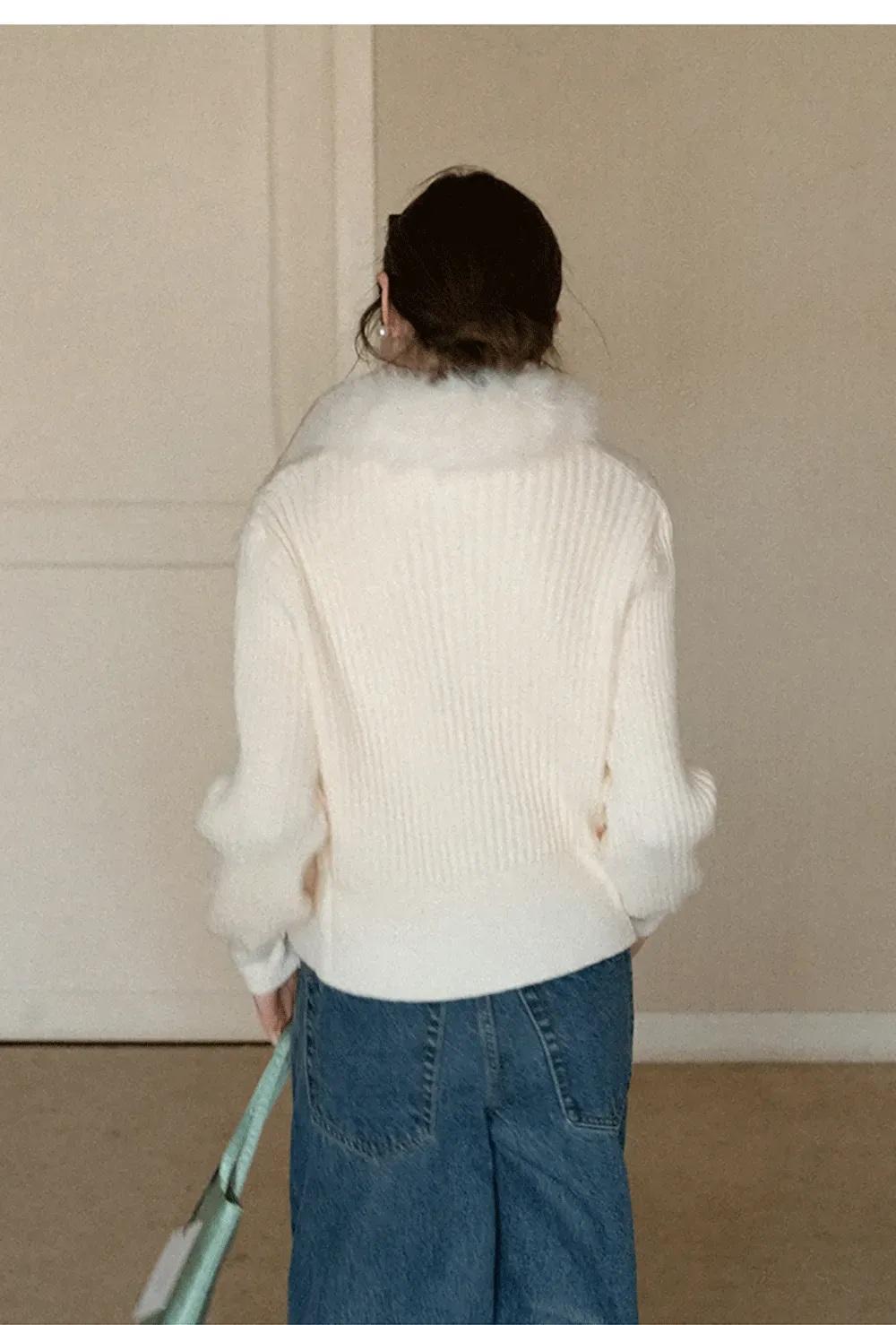 Ribbed knit sweater with fur collar detail