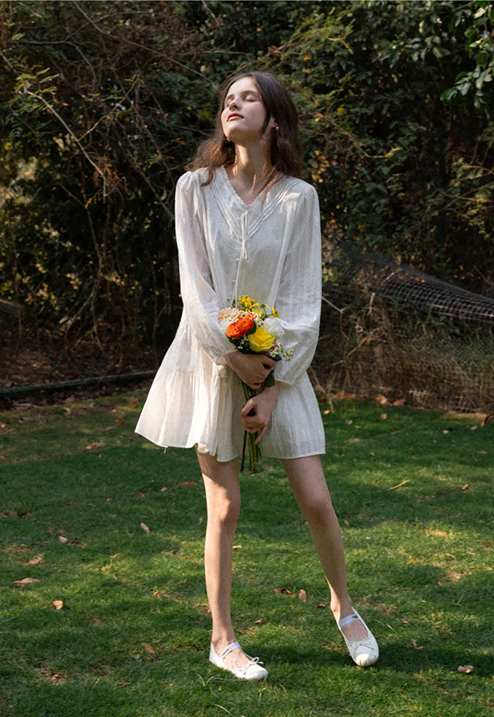 V neck long sleeve tiered dress with lace trim