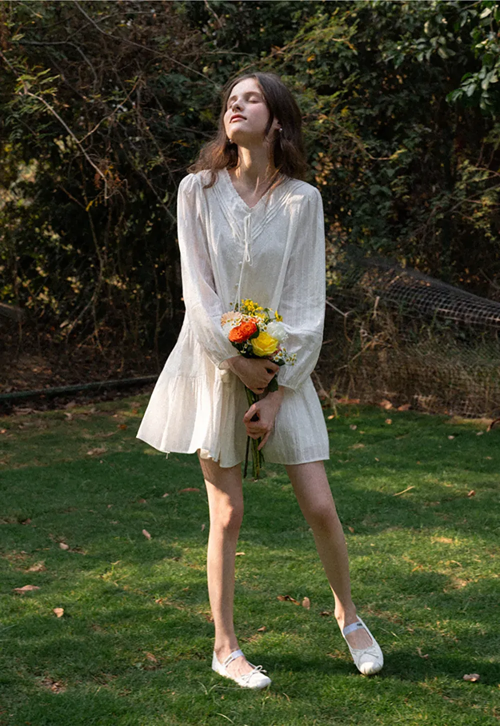 V neck long sleeve tiered dress with lace trim