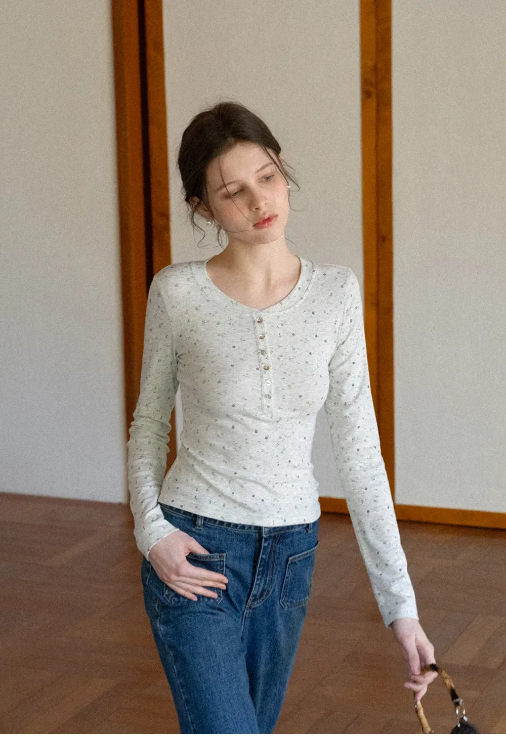 Long sleeve button front top with floral print