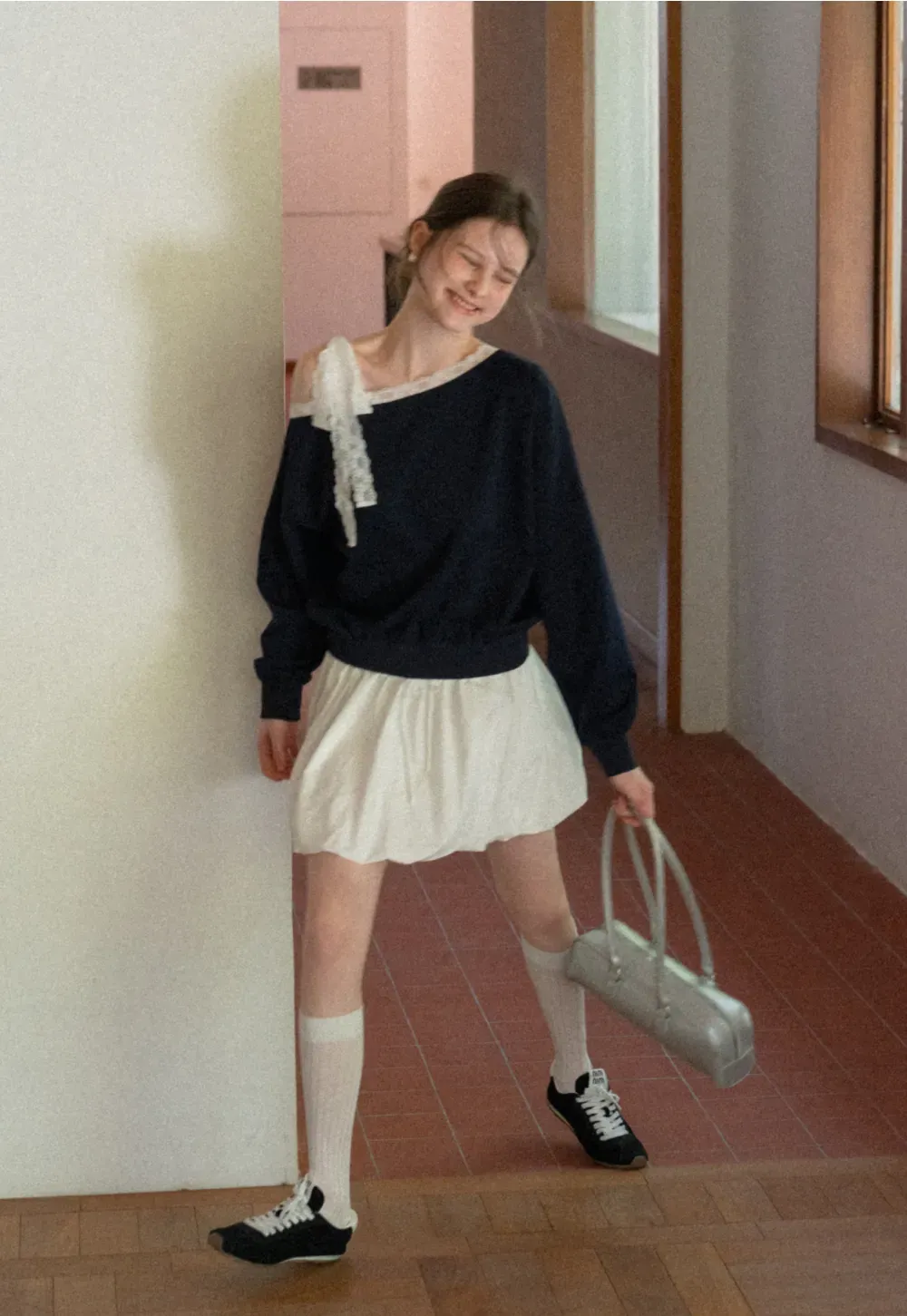 Off shoulder sweatshirt with lace trim detail