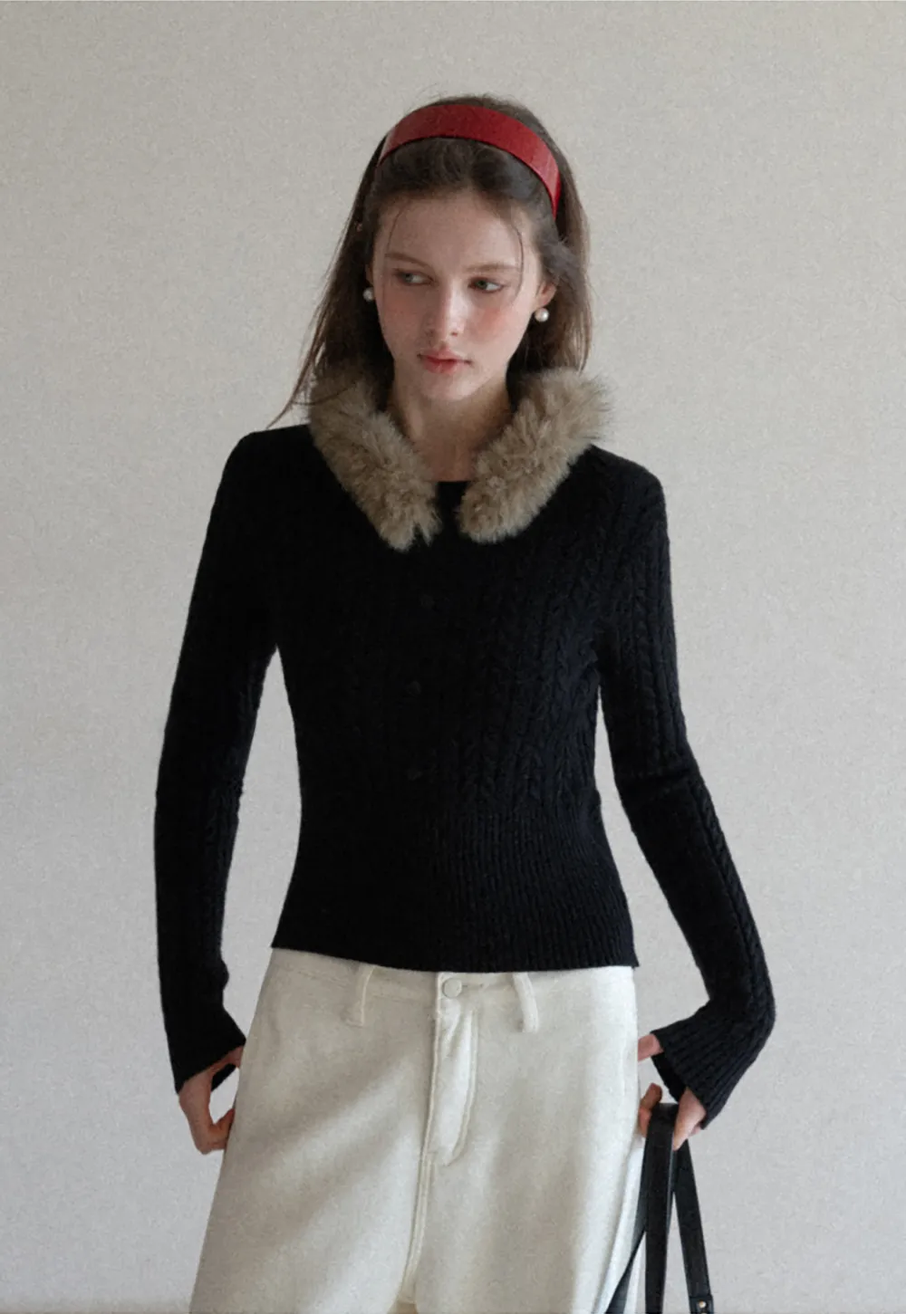 Cable Knit Sweater with Fur Collar Design