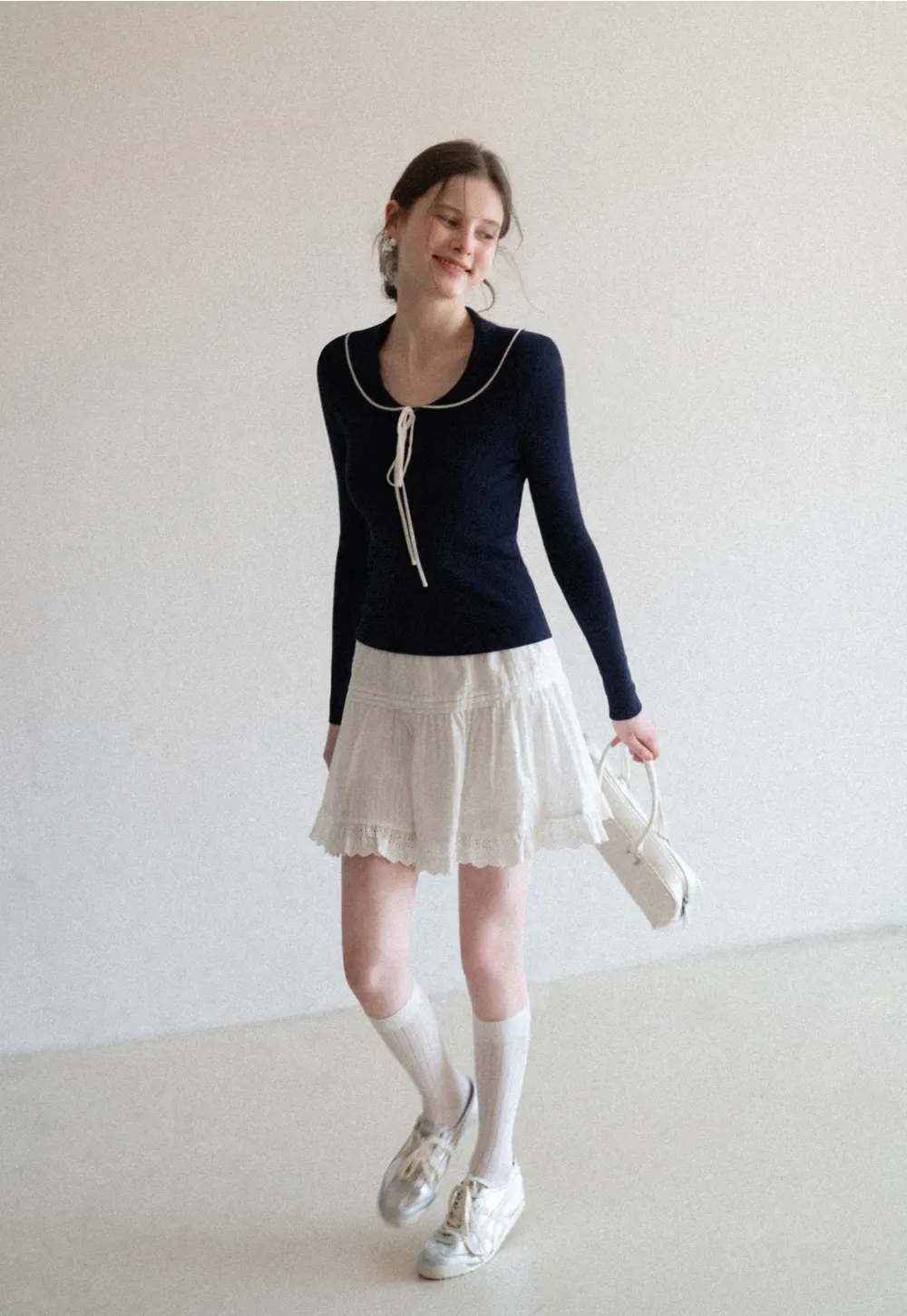 Eyelet Trimmed Tiered Skirt with Ruffled Hem