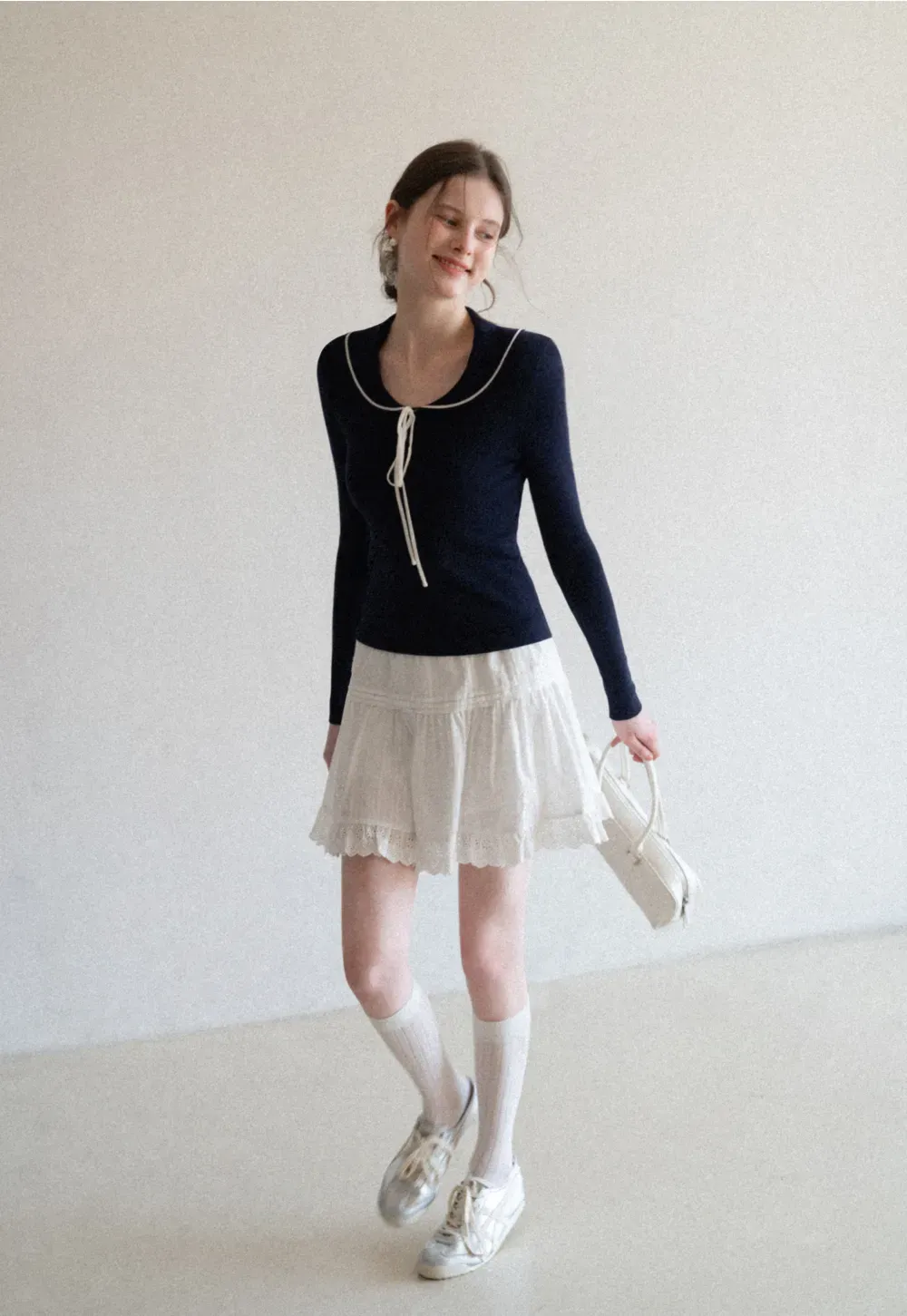 Eyelet Trimmed Tiered Skirt with Ruffled Hem