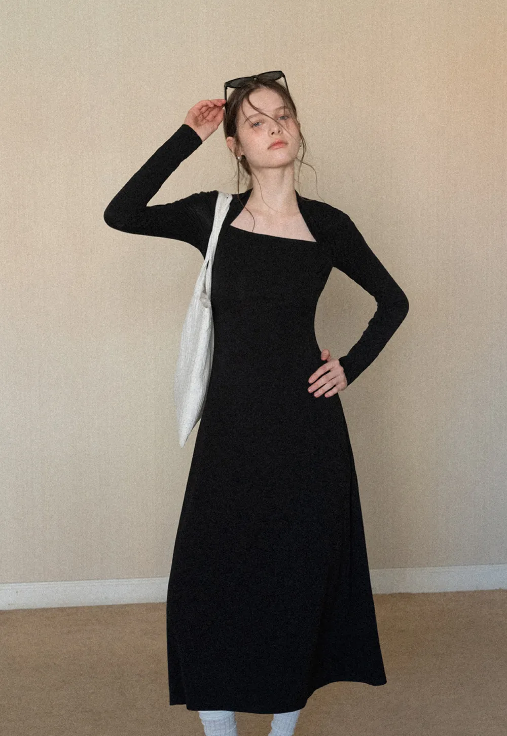 Elegant Square Neck Long Sleeve Dress