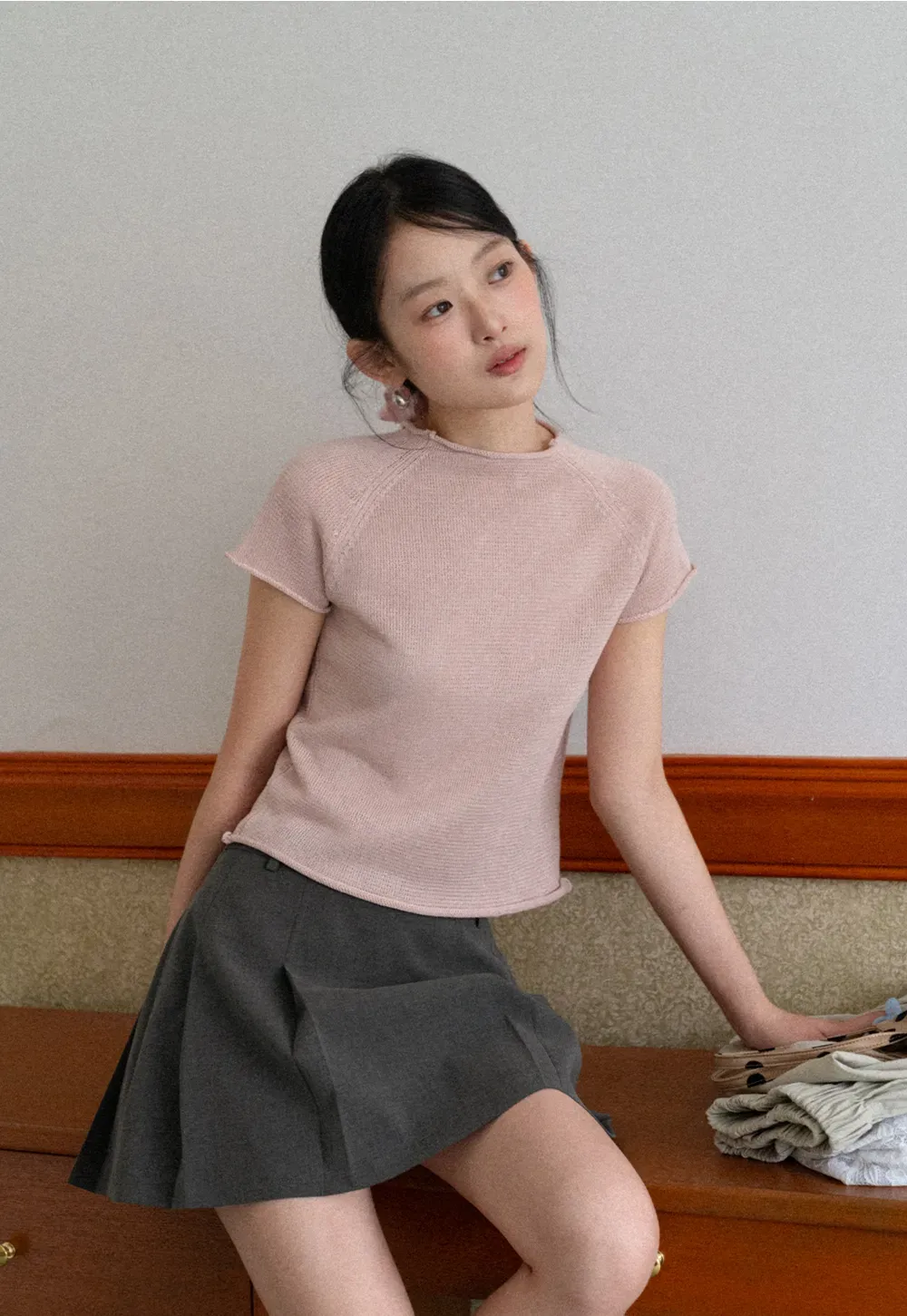 Short Sleeve Ribbed Knit Top with Raglan Sleeves