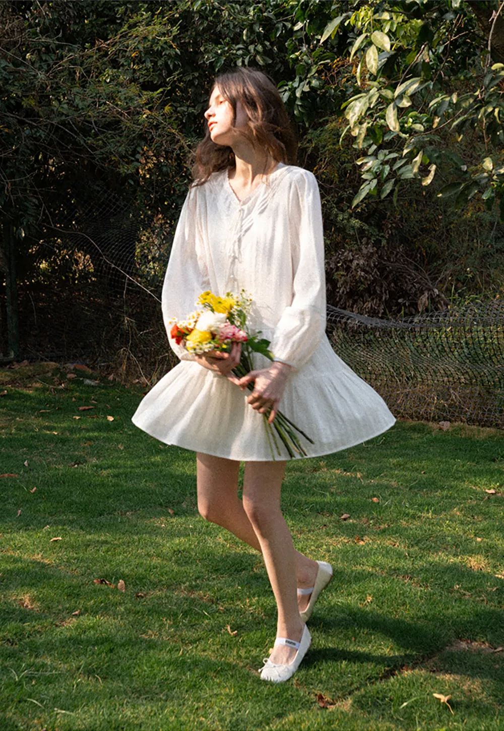 V neck long sleeve tiered dress with lace trim