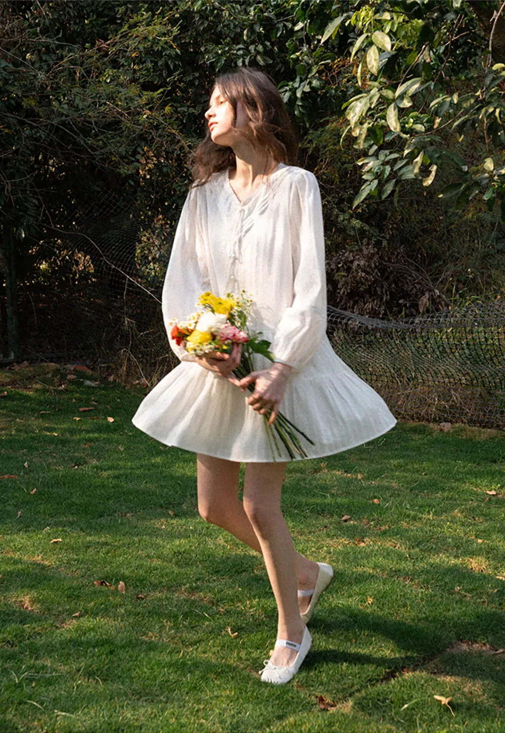 V neck long sleeve tiered dress with lace trim