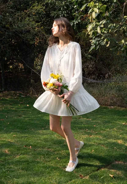 V neck long sleeve tiered dress with lace trim