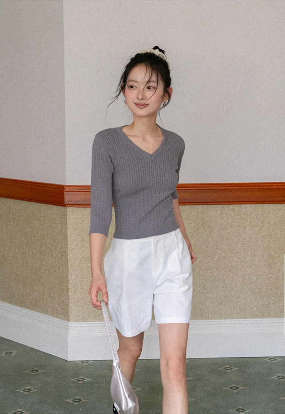 V Neck Ribbed Knit Crop Top