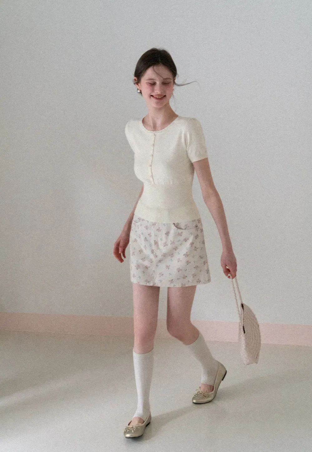 Short Sleeve Knit Top with Lace Trim and Button Placket