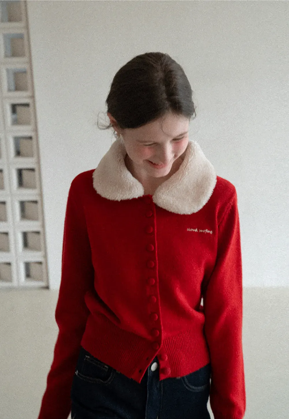 Soft Collar Knit Cardigan with Embroidery Design