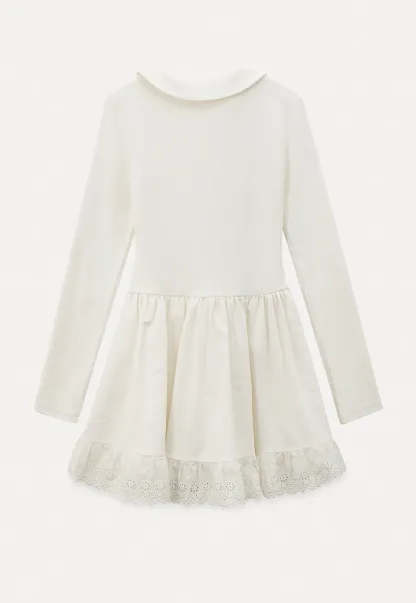 Elegant Long Sleeve Dress with Lace Trim and Flared Skirt