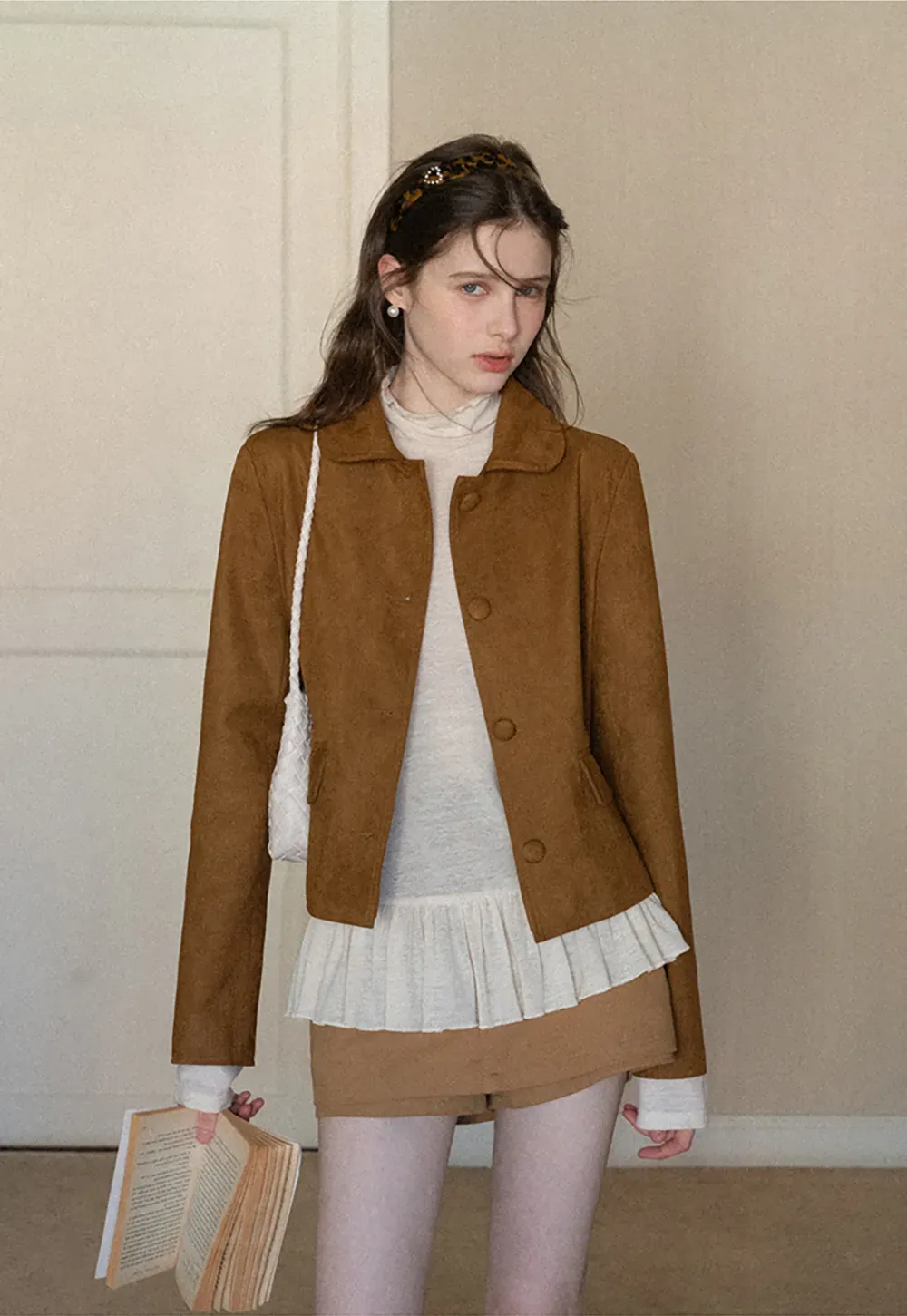 Soft Faux Suede Jacket with Button Closure and Collar Design