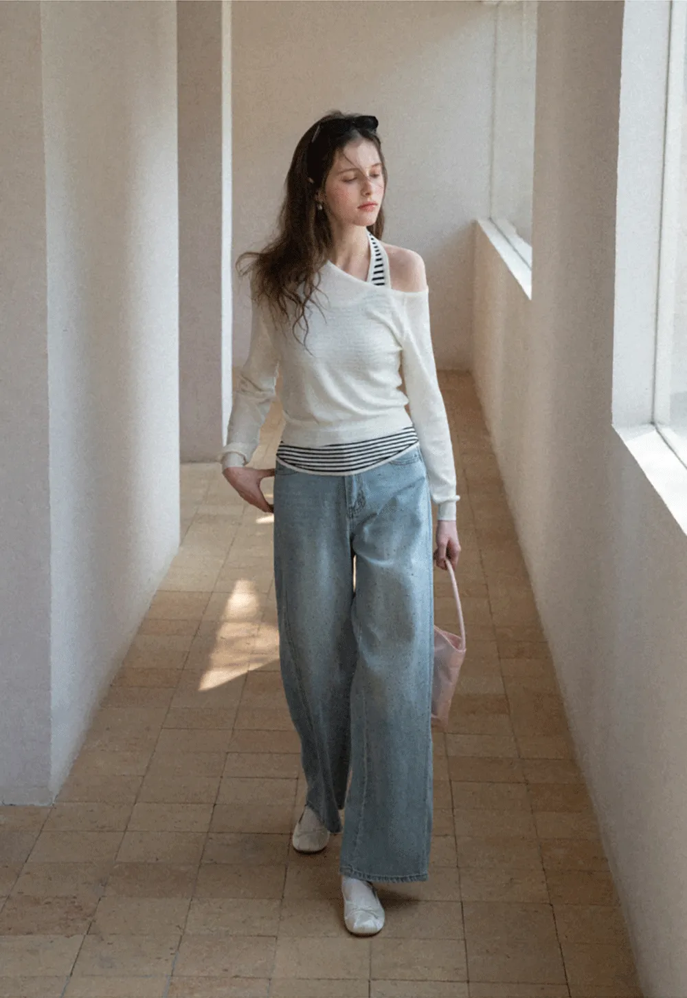 Wide leg jeans with subtle dot embellishments