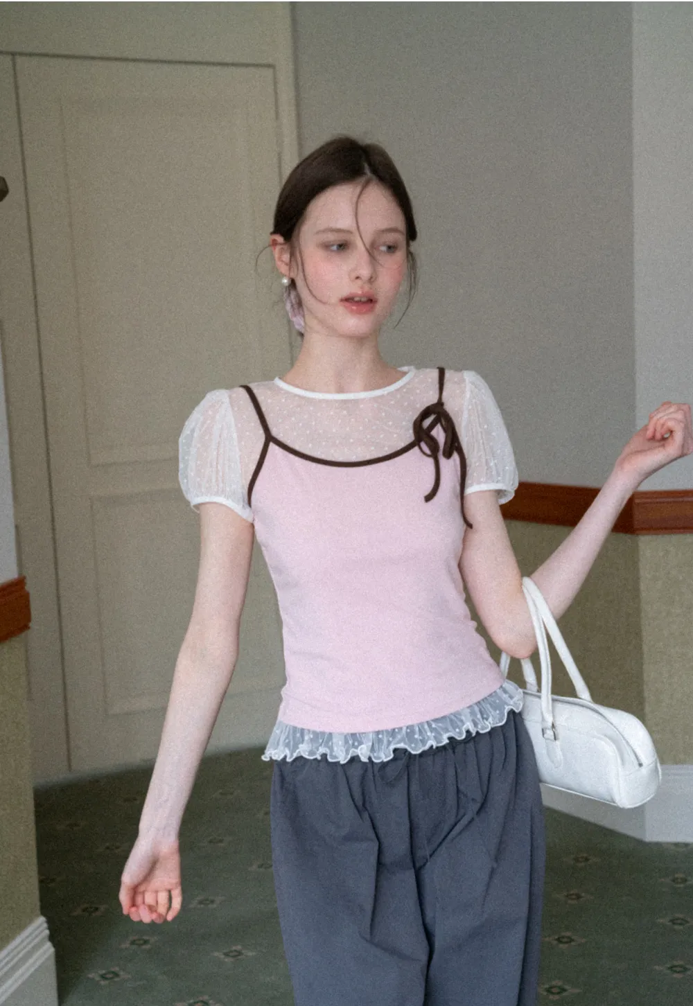 Sheer Mesh Trimmed Tank Top with Bow Detail