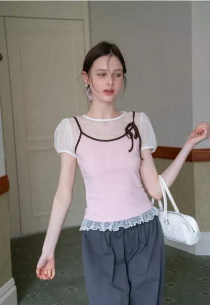 Sheer Mesh Trimmed Tank Top with Bow Detail