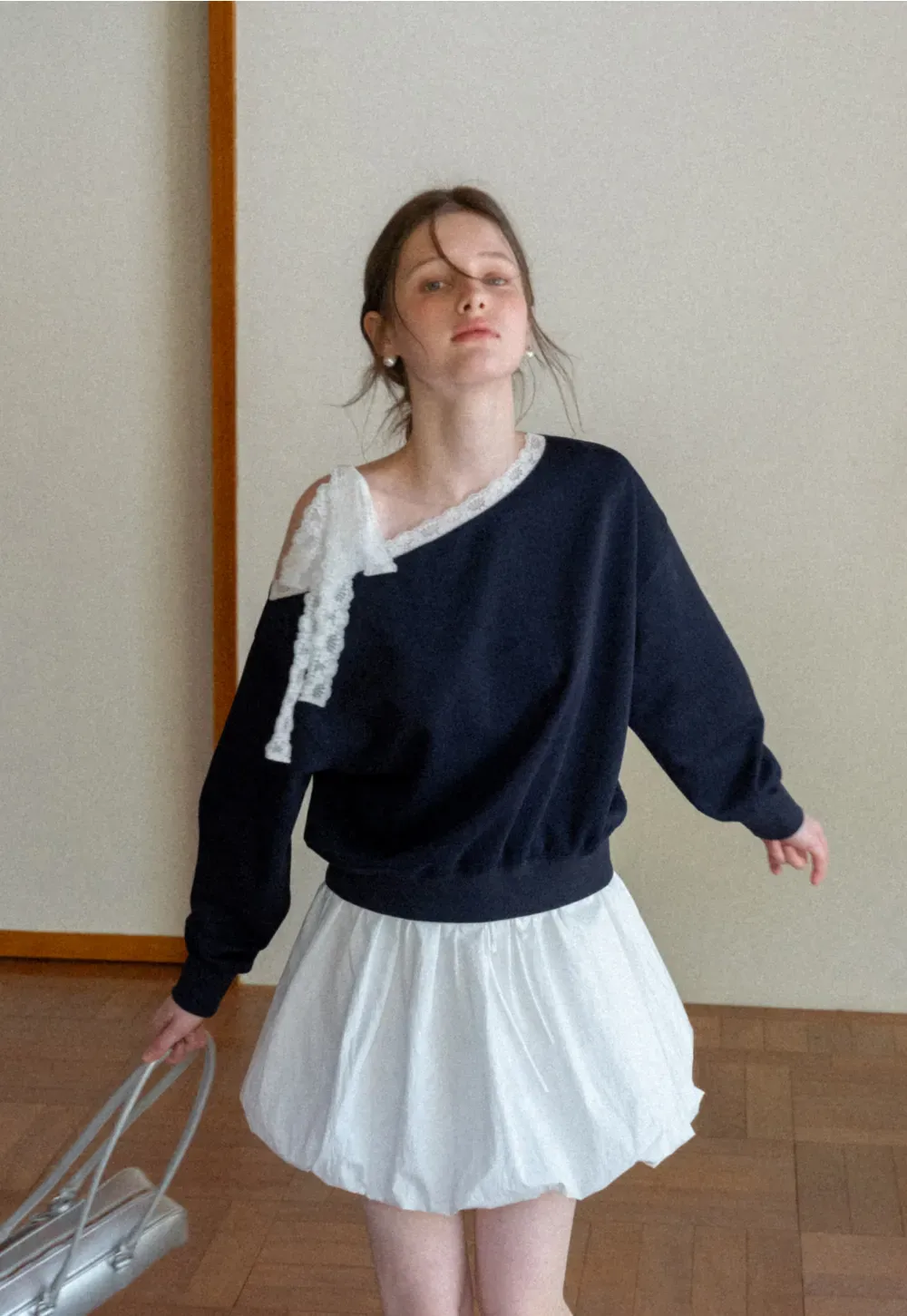 Off shoulder sweatshirt with lace trim detail