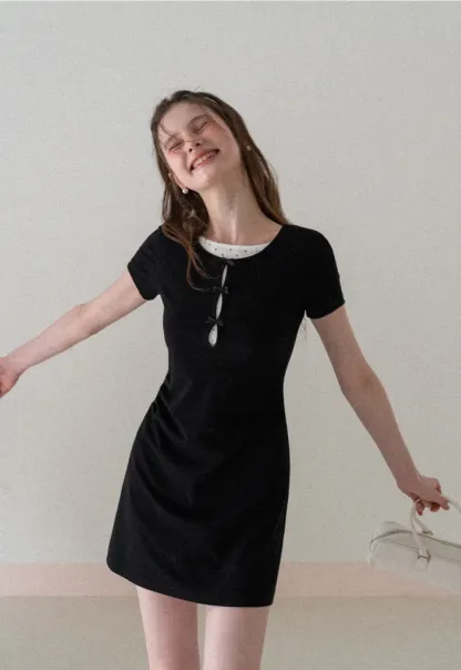 Short Sleeve Dress with Polka Dot Collar and Front Knot Detail