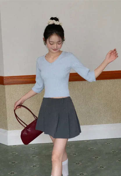 V Neck Ribbed Knit Crop Top