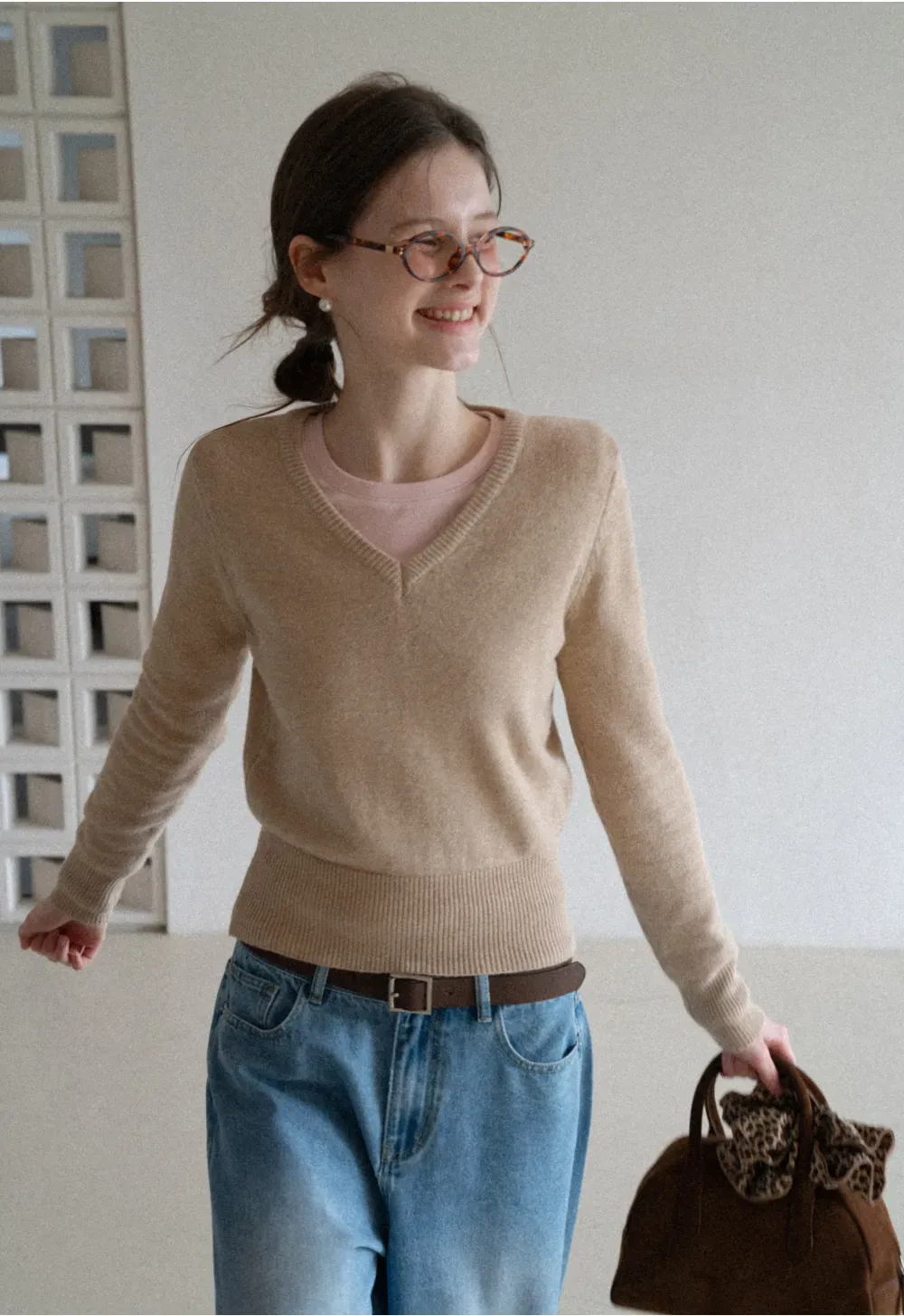 V Neck Knit Sweater with Layered Collar Design