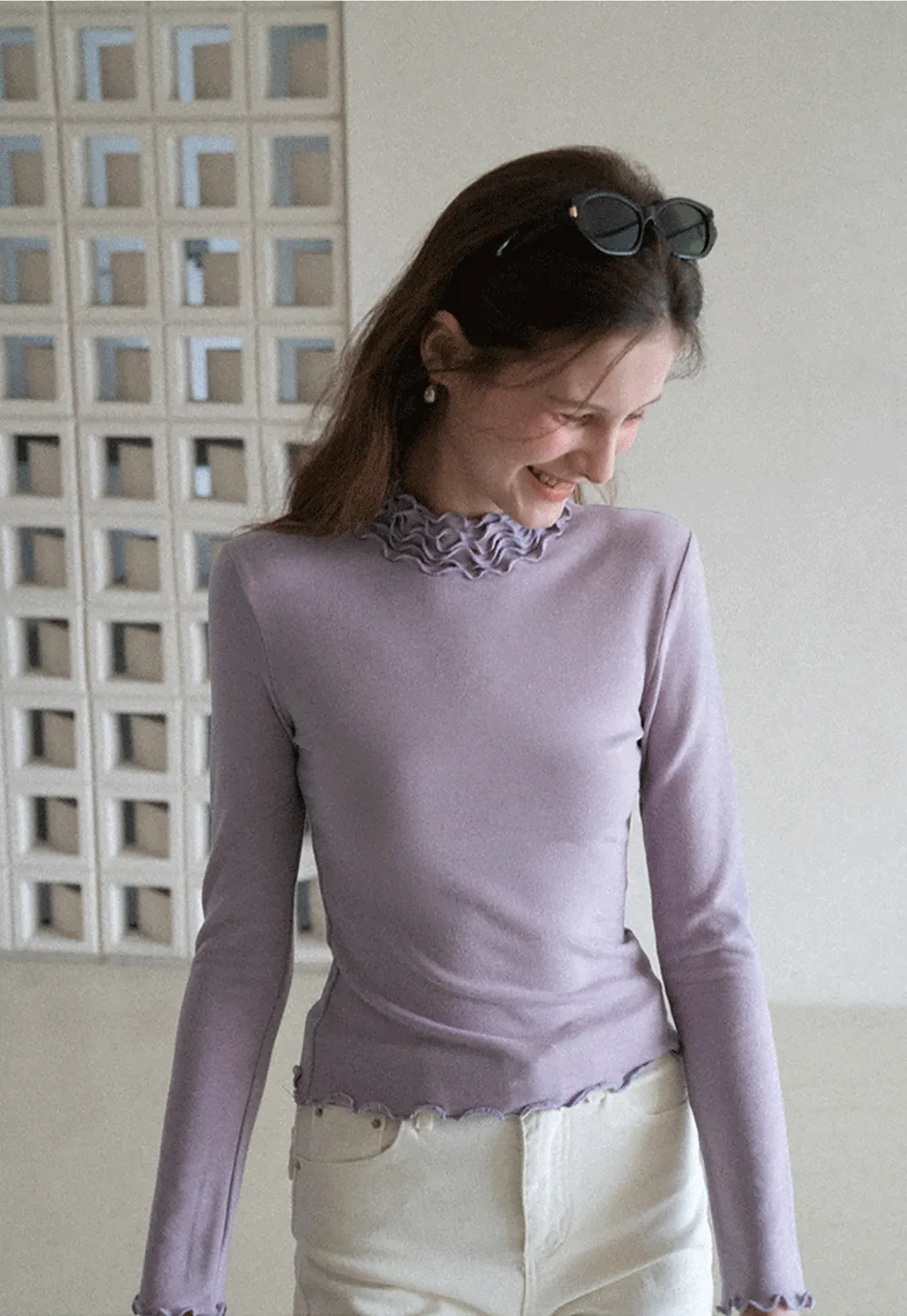 Elegant High Neck Long Sleeve Top with Ruffle Detail