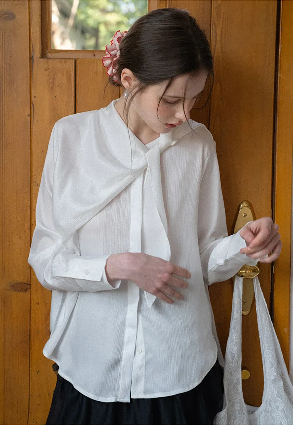 Ribbed Long Sleeve Shirt with Tie Neck Detail