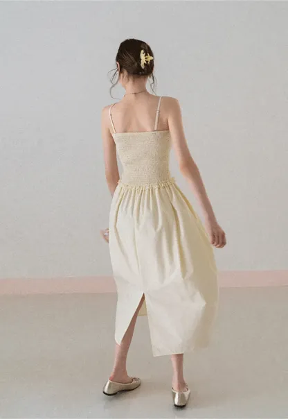 Strapless Smocked Bodice A Line Midi Dress