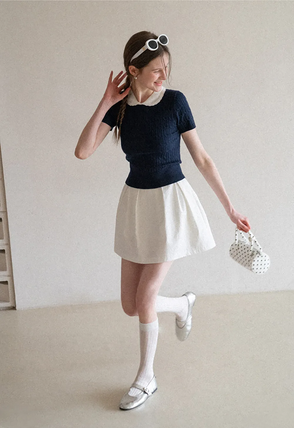 Cable Knit Short Sleeve Sweater with Collar