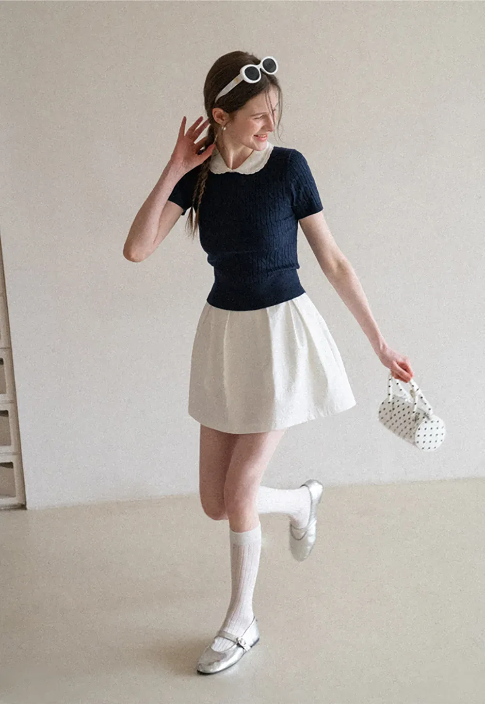 Cable Knit Short Sleeve Sweater with Collar