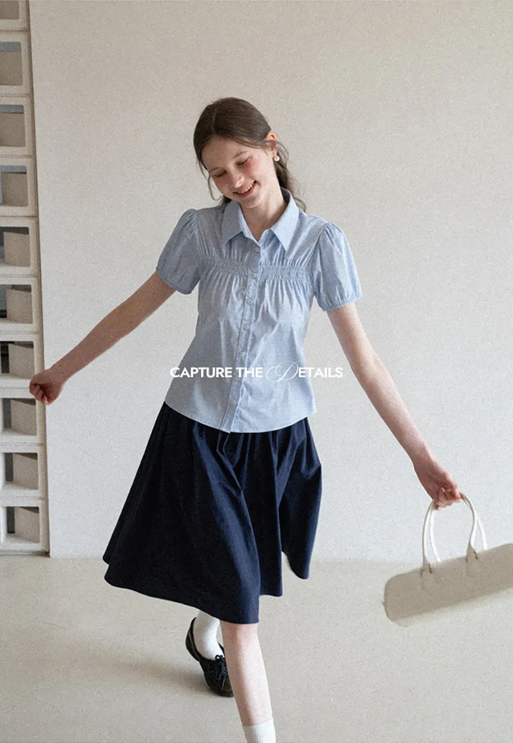 Short Sleeve Button Up Shirt with Pleated Detail