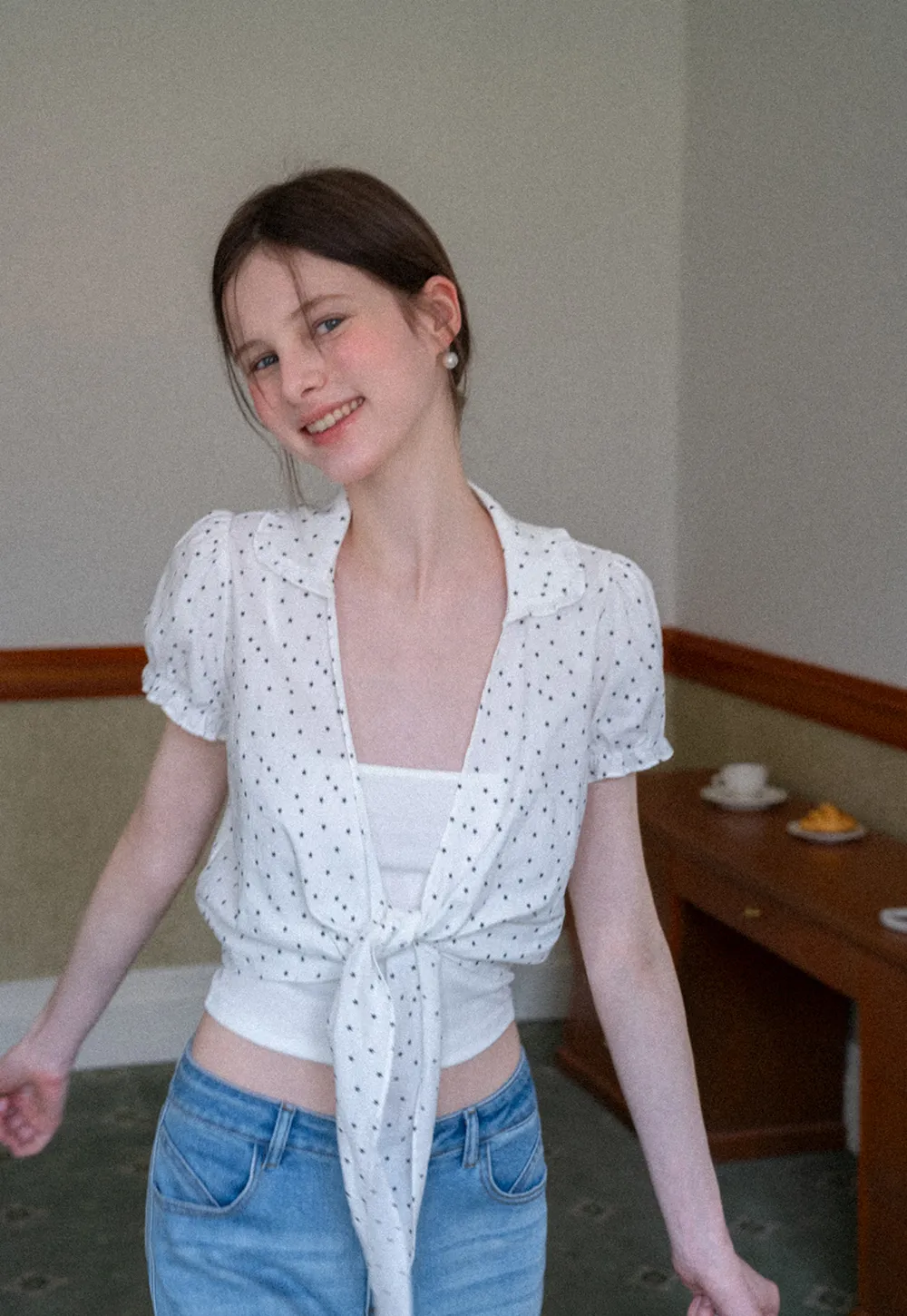 Polka dot short sleeve shirt with front tie detail