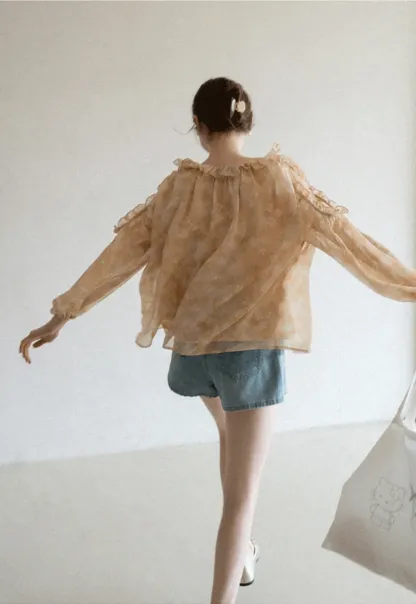 Lace Chiffon Blouse with Ruffled Neck and Sleeves