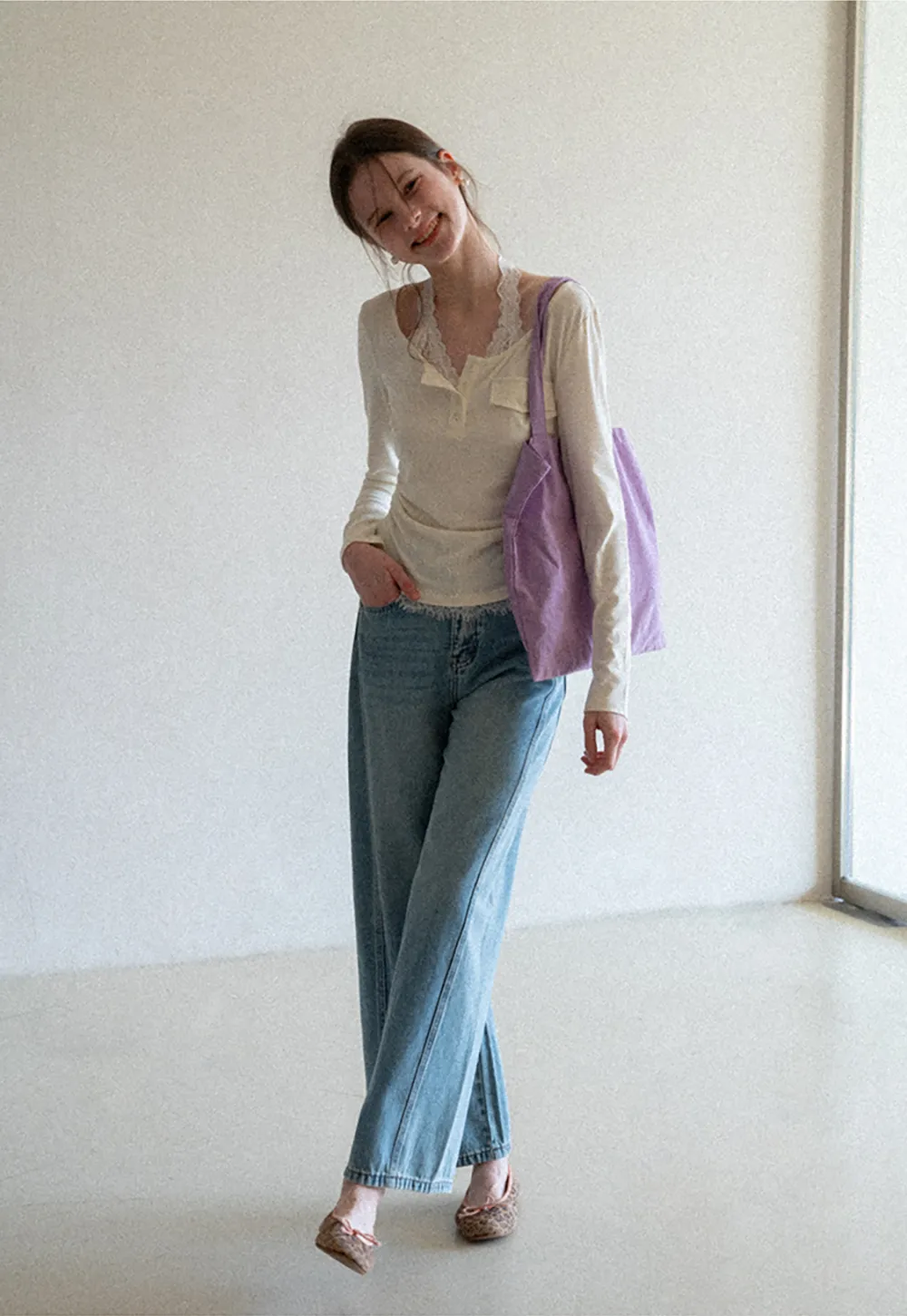 Wide leg high waist denim pants with belt loops