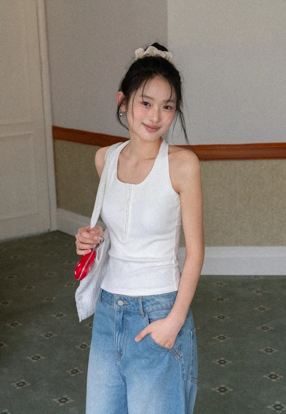 Sleeveless Halter Neck Top with Front Placket