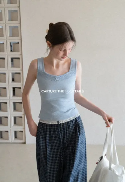 Wide Leg Plaid Casual Pants with Ruffled Waistband