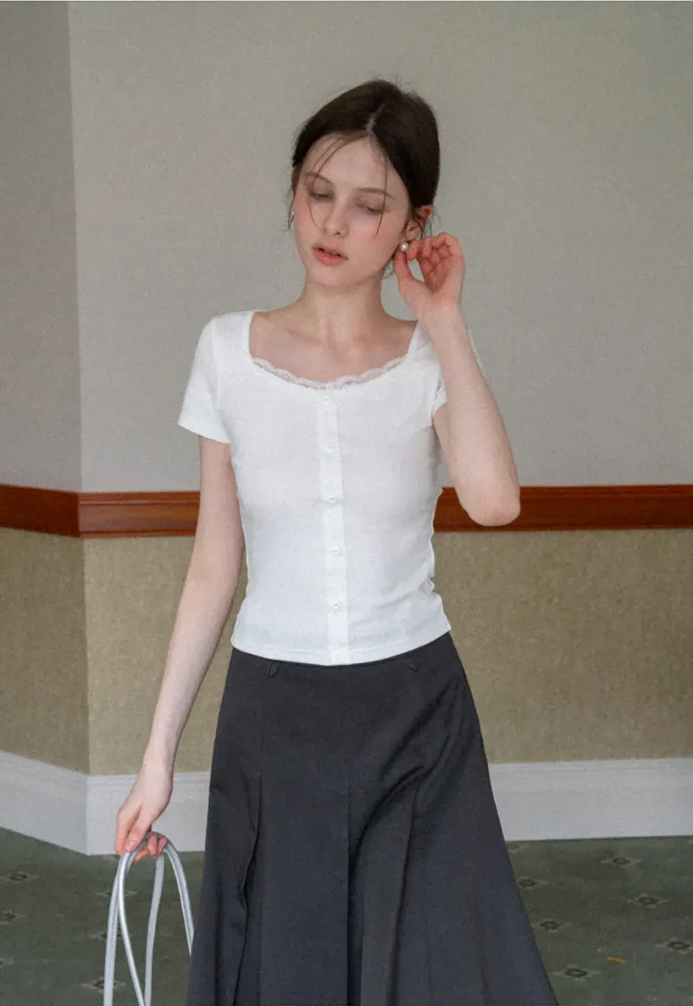 Short Sleeve Button Front Top with Lace Trim