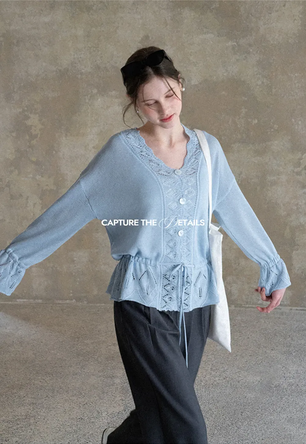 Lace Trimmed V Neck Knit Sweater with Drawstring Hem