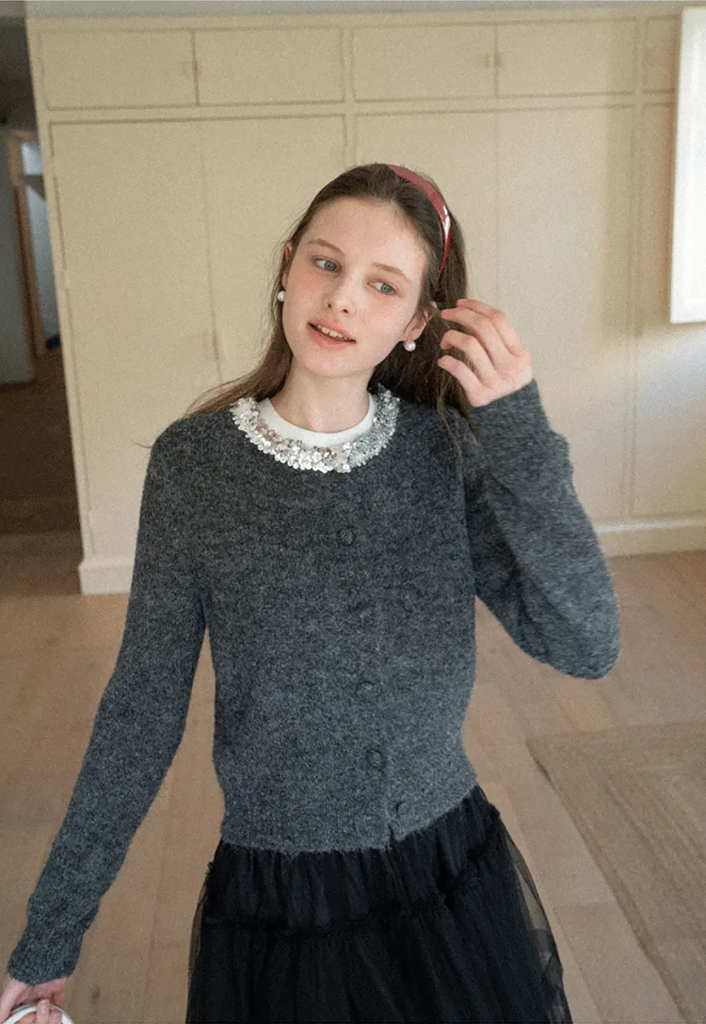 Elegant Woolen Knit Sweater with Embellished Neckline and Long Sleeves