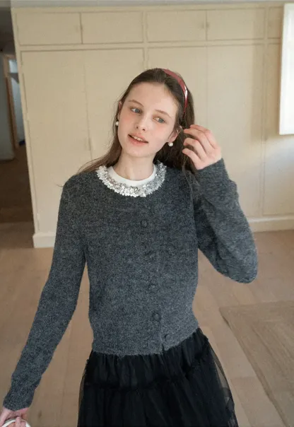Elegant Woolen Knit Sweater with Embellished Neckline and Long Sleeves