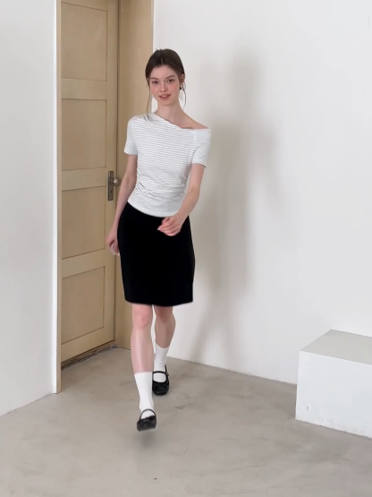 Asymmetrical Neckline Striped Short Sleeve T Shirt