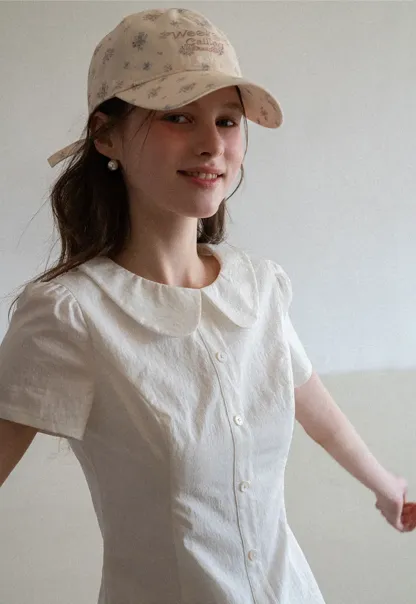 Button Front Dress with Peter Pan Collar and Short Sleeves