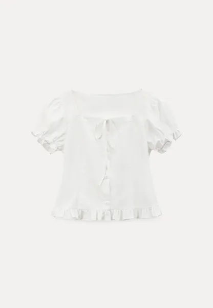 Square neck puff sleeve blouse with ruffle hem