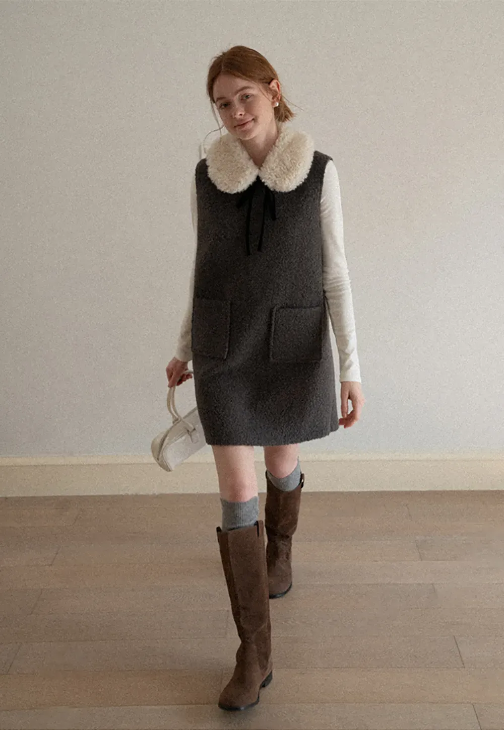 Wool Blend Sleeveless Dress with Faux Fur Collar