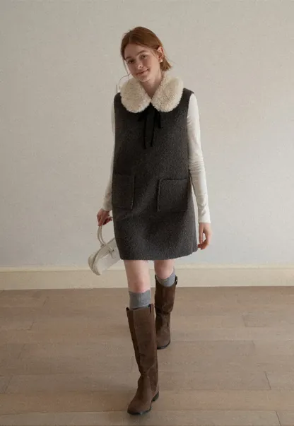 Wool Blend Sleeveless Dress with Faux Fur Collar