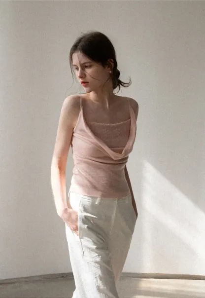 Silk-like tank top with thin straps and draped neckline