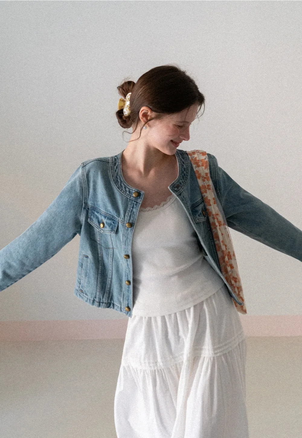 Denim short jacket with button front and chest pockets