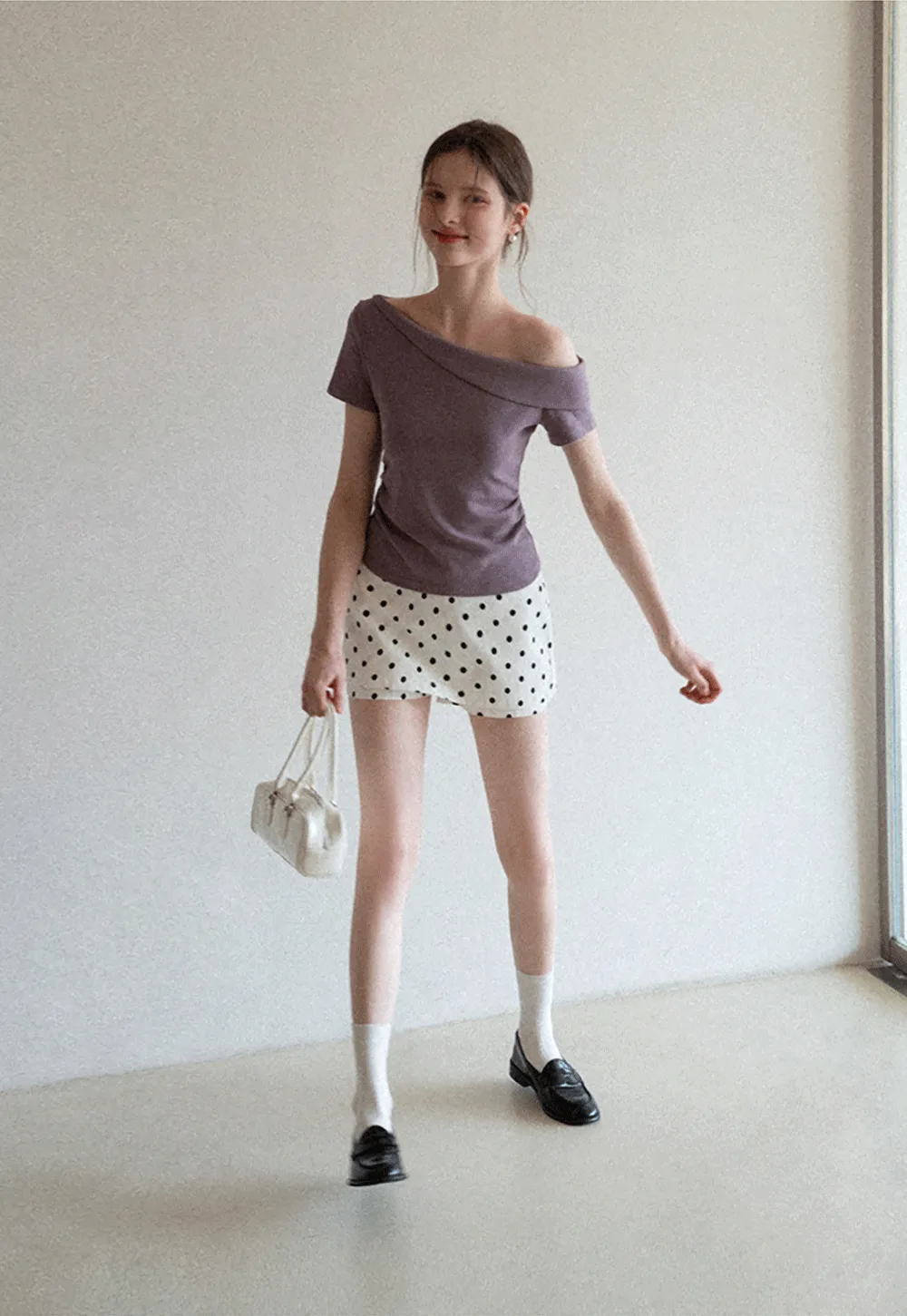 Polka dot off shoulder short sleeve tops